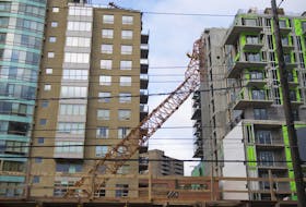 
This crane toppled onto a building under construction near the corner of Spring Garden Road and South Park Street in Halifax during hurricane Dorian on Saturday afternoon, Sept. 7, 2019. Ryan Taplin - The Chronicle Herald
