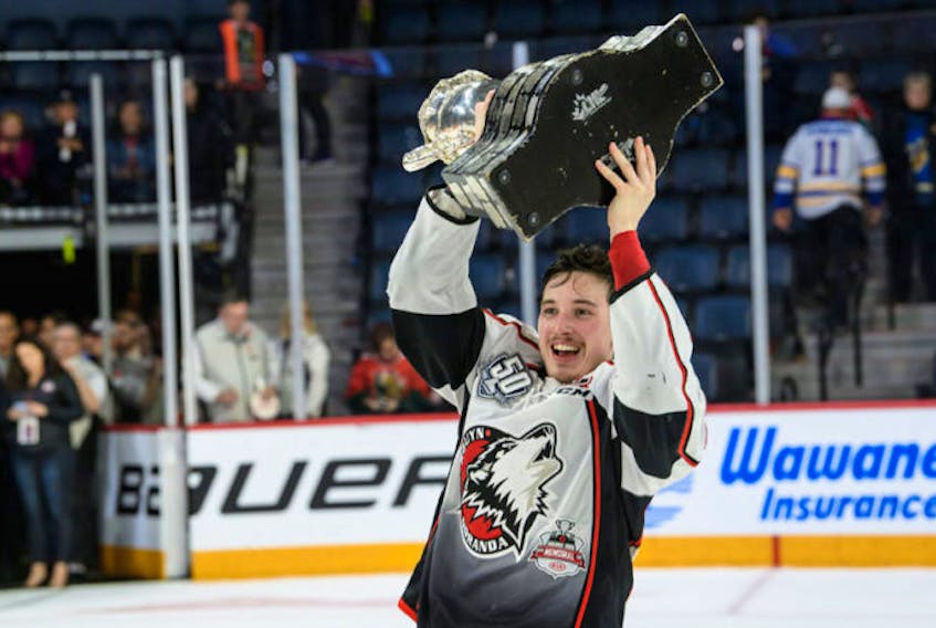 
Rafael Harvey-Pinard celebrates the Rouyn-Noranda Huskies’ Memorial Cup championship at the Scotiabank Centre in May. (Vincent Ethier/LHJMQ)
