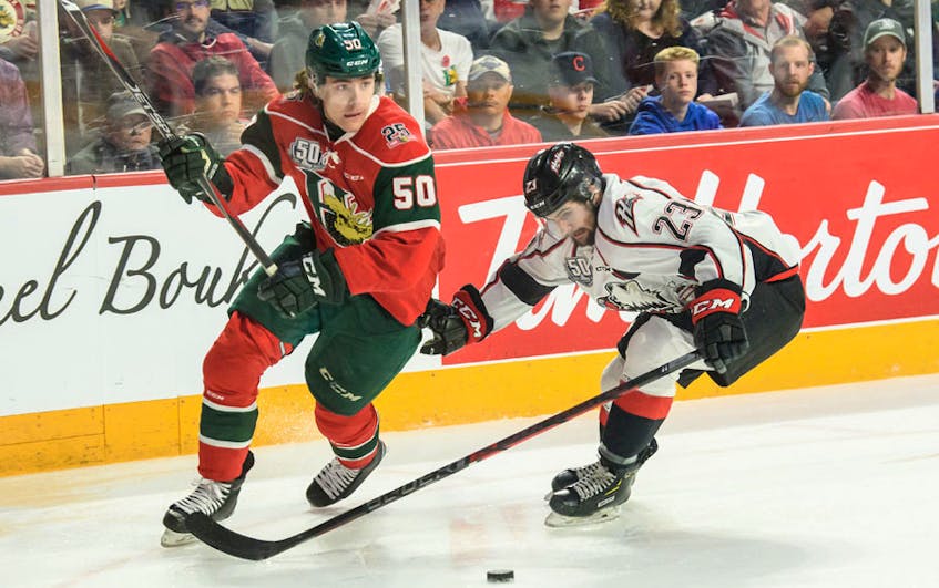 
Halifax Mooseheads forward Raphael Lavoie tries to beat Rouyn-Noranda Huskies defenceman Samuel Naud during the Memorial Cup championship game at the Scotiabank Centre on May 26. - Vincent Ethier/QMJHL
