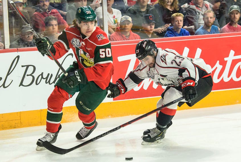 
Halifax Mooseheads forward Raphael Lavoie tries to beat Rouyn-Noranda Huskies defenceman Samuel Naud during the Memorial Cup championship game at the Scotiabank Centre on May 26. - Vincent Ethier/QMJHL
