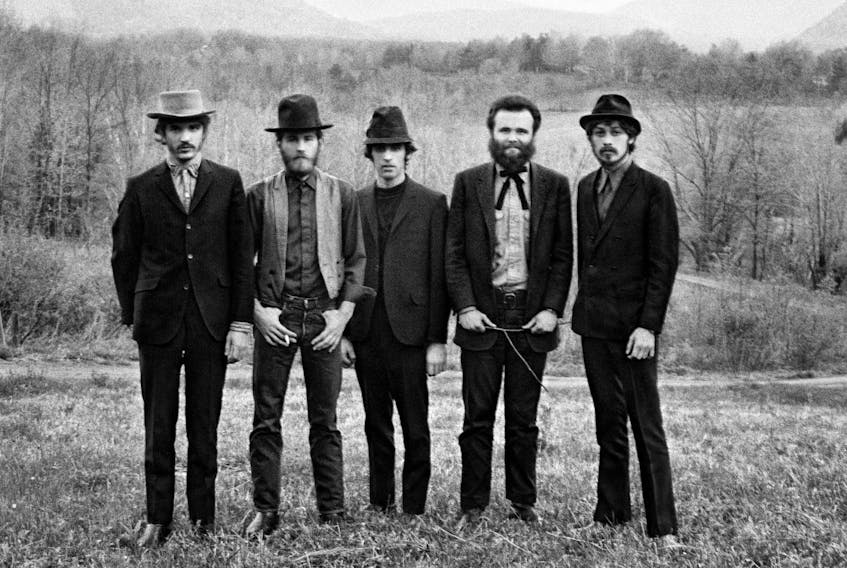 The Band (Robbie Robertson, Richard Manuel, Rick Danko, Garth Hudson and Levon Helm) in a photo from their Music From Big Pink album taken in Woodstock, N.Y., in 1968.