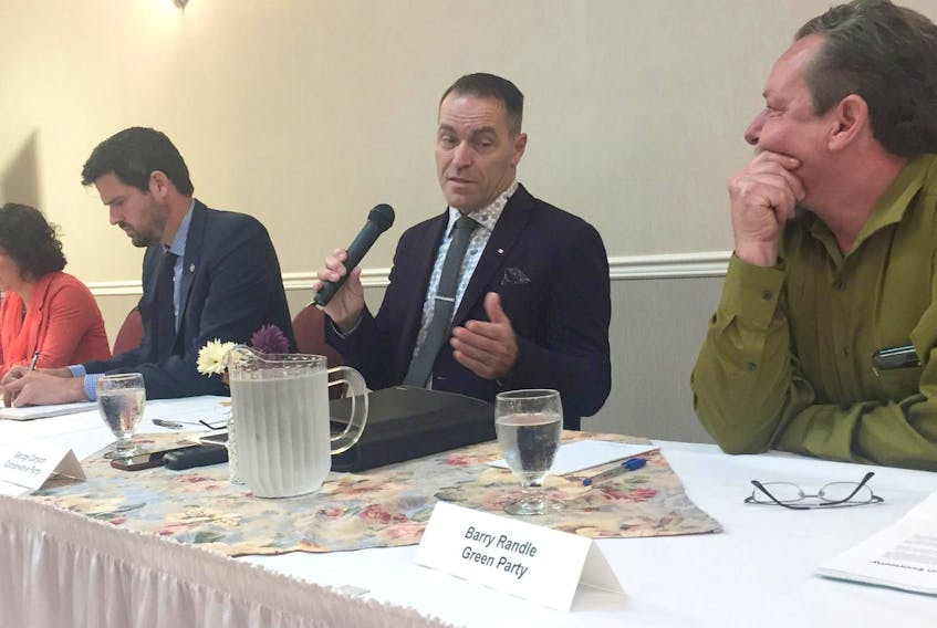 
Conservative candidate George Canyon answers a question at a candidates forum held by the Antigonish and Area Chamber of Commerce. Also shown are NDP candidate Betsy MacDonald, left, incumbent Liberal Sean Fraser and Barry Randle of the Green Party. - Aaron Beswick
