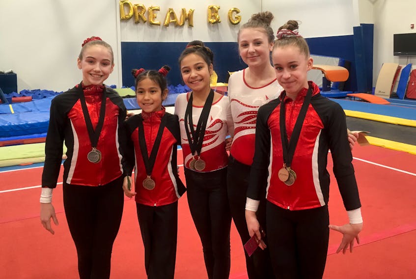 Coming back from a successful provincial qualifier, Level 5 and 7 girls from Airials Gymnastics Club are working to earn spots on Team NL for the Atlantic and Eastern Canadian Championships. From left: Chloe Reid, Lila Carroll, Ella Carroll, Sophie Rayner and Avery Burry.