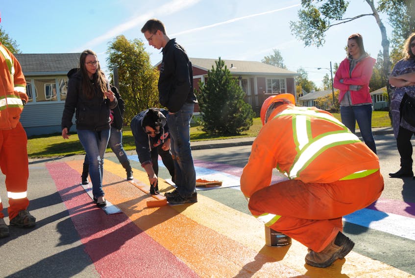 Keyin College students, in partnership with the Town of Gander, applied the finishing touches to a pride crosswalk at the town hall on the morning of Oct. 5, 2016. The crosswalk was created to represent inclusiveness within the community and to also raise awareness about LGBTQ issues.