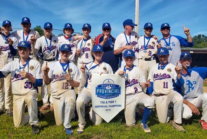 The Amherst Lions Athletics defeated Glace Bay to win the Baseball Nova Scotia U15 Tier 1 A Championship on Sept. 1 in Liverpool. Members of the team include: (front, from left) Ryder Codling, Brady Gill, Avery Smith, Kalen Burke, Brayden Stevens, coach Chuck McBurnie, (back, from left) Mattix McBurnie, Ty Beed, Burke Beed, Declan LeBlanc, Dylan Mitton, coach Darrell Cole, Nate Campbell, Evan Legere and coach Randy Smith.