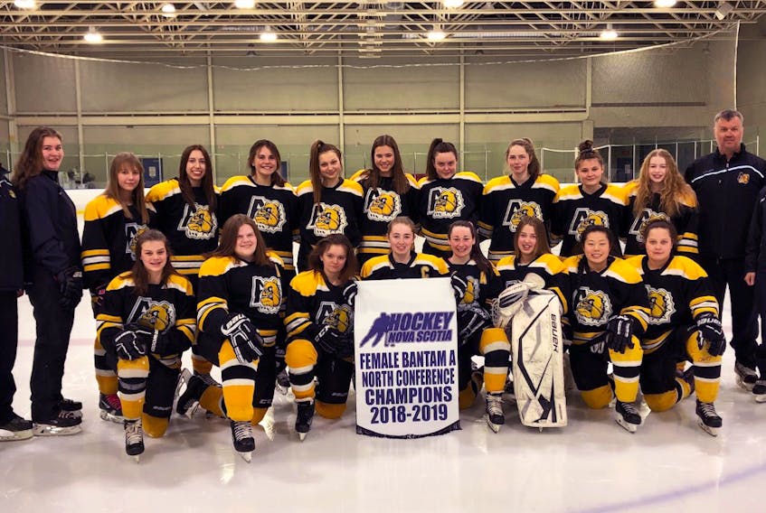 On goals by Grace MacDougall, Brooklyn Carter, Lauren Keats and Julia MacDonald, as well as strong goaltending by Gracie Chisholm, the Antigonish Bantam ‘A’ female Bulldogs defeated the Pictou County Subway Selects 4-3 to win the Northern Conference championship and advance to the Provincial Day of Champions, in Truro, April 14. The team will face the Western Riptide White at 3 p.m. in Truro.