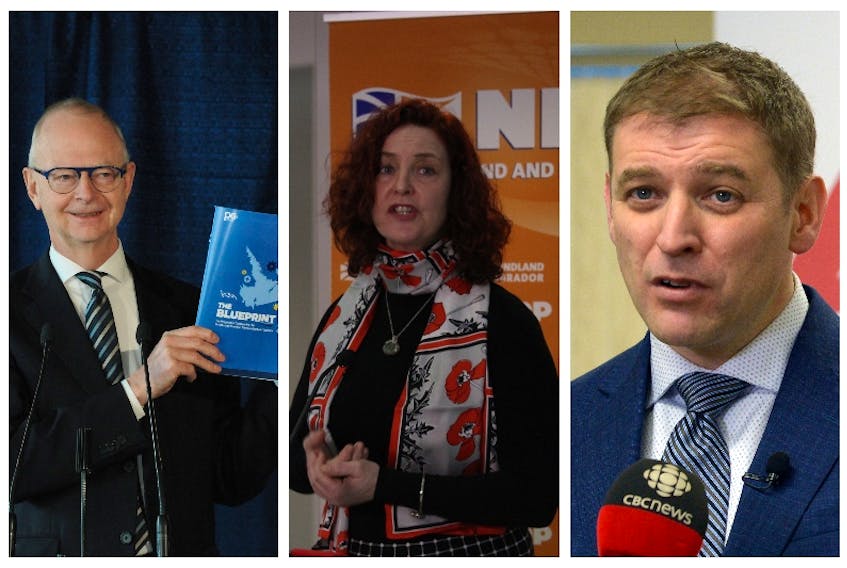 The leaders chasing electoral victory in Newfoundland and Labrador, from left: Ches Crosbie, Progressive Conservative; Alison Coffin, New Democratic Party; Andrew Furey, Liberal.