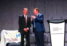 Somebeachsomewhere owner and trainer Brent MacGrath being interviewed by Nova Scotia Sport Hall of Fame CEO Bruce Rainnie during the induction ceremony Nov. 2. Nick Pearce
