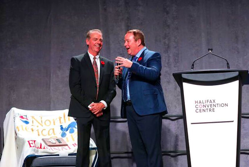 Somebeachsomewhere owner and trainer Brent MacGrath being interviewed by Nova Scotia Sport Hall of Fame CEO Bruce Rainnie during the induction ceremony Nov. 2. Nick Pearce
