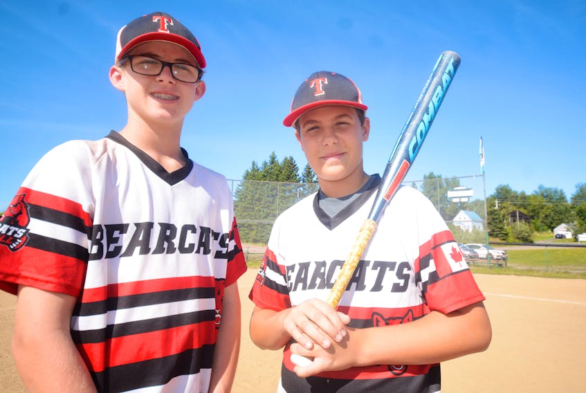 Springhiller’s Aidan McBurnie (left) and Carter Sharpe kick off their run for an Atlantic Championship Thursday morning in PEI, with their first game at 8:15 a.m. against the PEI 1. Both players are 13-years-old, and this is their third year with the Truro U13 AAA Bearcats.