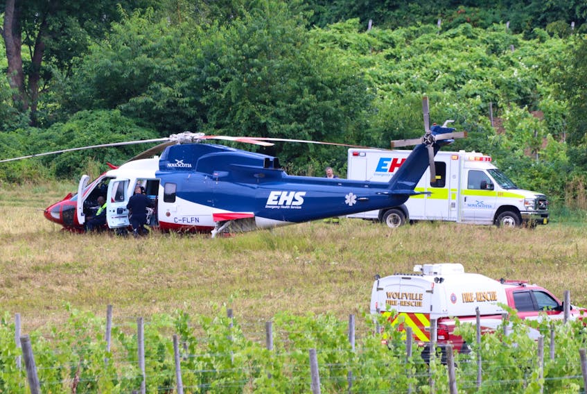An EHS helicopter sits in a field in White Rock waiting to fly a man to hospital after a truck crash Monday afternoon. ADRIANE JOHNSTONE