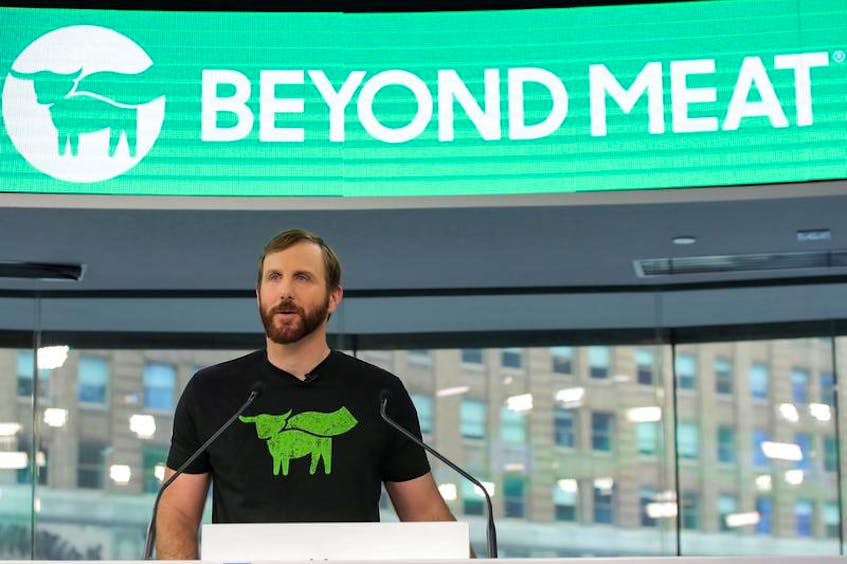 Ethan Brown, founder and CEO of Beyond Meat, prepares to ring the opening bell to celebrate his company’s IPO at the Nasdaq Market site in New York in May.