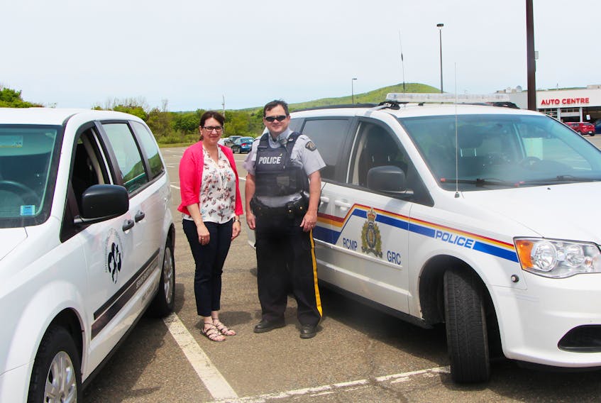 Senior safety co-ordinator from Antigonish Town and County Crime Prevention Association Anita Stewart and Antigonish RCMP community policing officer Cst. Morgan MacPherson pictured at the location of this Saturday’s Bike Rodeo, the parking lot of Antigonish Market Square mall. The rodeo is a fun, interactive event for children of all ages, which teaches them about bike safety.