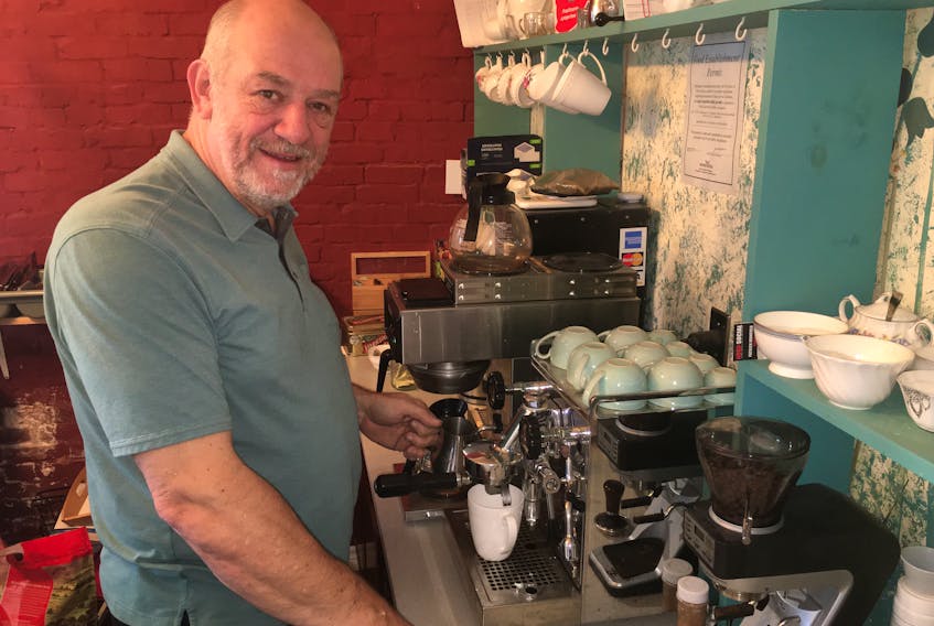 Adrian Bligh of Birkinshaw’s Tea Room in Amherst prepares an espresso at his business. Since Nova Scotia and New Brunswick imposed restrictions in Halifax and Moncton several weeks ago he has seen his business decline. Birkinshaw’s is one of several businesses in Amherst dependent on cross-border customers
