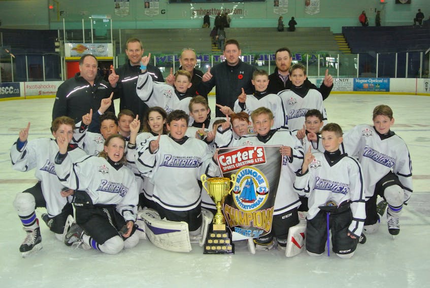 The Cumberland County peewee AA Ramblers defeated Pictou County 6-1 to capture the championship at the 52nd Carter’s Cresting Bluenose Minor Hockey Tournament on Sunday. Team members include: (front, from left) Kyler Edwards, Reece MacDonald, Phoenix Remington, Hayden Crocket, Nate Arseneau, (second, from left) Mandel Nickerson, James Carr, Burke Beed, Aidan McBurnie, Alex Herrett, Ben MacDonald, Ethan Rose, (third, from left) Brady Stack, Nolan McNally, Kieran Sears, (back, from left) manager Seth Herrett, assistant coach Mike Stack, trainer Kim Maddison, assistant coach Corey Crocker and head coach Jeff Walsh.