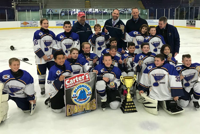 The Bedford Blues defeated Yarmouth 5-4 to capture the Peewee A championship at the 53rd Carter’s Cresting Bluenose Minor Hockey Tournament. Members of the team include: (in no order) Madyson Boudreau, Miles Chute, Gavin Graves, Rowan Houlihan, Thomas Huy Tran, Austin Warren, Nicholas Bowes, Gabriel Henry, Brody Hilton-King, Jacob MacAulay, Cameron MacPhee, Jake Roy, Linden Simpson, Sebastien Villeneuve, Ryan Walsh, Ryan Donovan and Aidan Hibberts. Coaches include Eric Graves, Eric Villeneuve, Mark Warren, Mike Henry and Jackie Simpson.