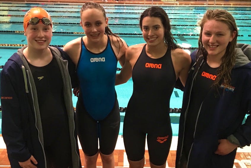 The Charlottetown Bluephins club finished seventh overall at the recent Ken Dunn Nova Scotia Provincial Championships. The women’s relay team members are, from left, Courtney McBride, Amy Wheatley, Alexa McQuaid and Jordyn Bowness.
