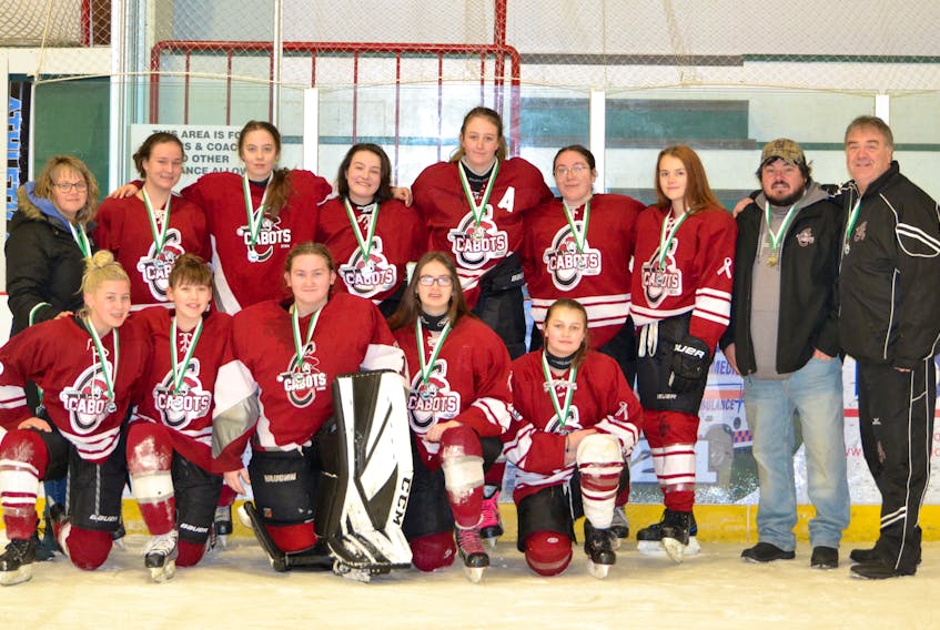 The under-18 female Bonavista Cabots team had a successful weekend of hockey in Marystown.
The team placed second in the tournament, bringing home a silver medal.
Team members include:  Jennalea Phillips, Michaela Butler, Emma Butler, Bailey Hayward, Jordan Chaulk, Sydney Durdle, Allie Hayley, Emily Fitzgerald, Mikayla Cole, Launa Ploughman, Sarah Jones and Maggie Jones; and the coaching staff is made up of Jeff Butler, Todd Butler and Sylvia Butler.
SUBMITTED PHOTO
