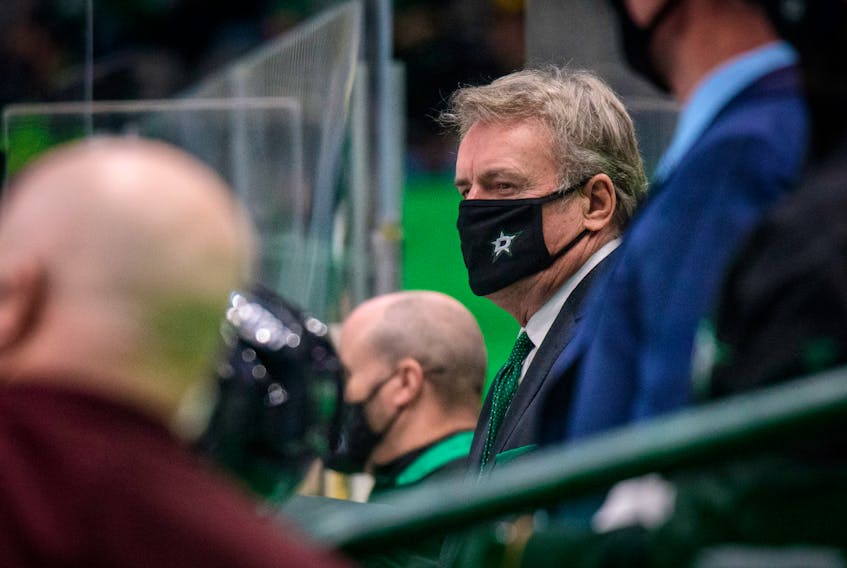 Dallas head coach Rick Bowness of Halifax watches the action between the Stars and the Nashville Predators during the first period at the American Airlines Center. Jerome Miron / USA Today Sports