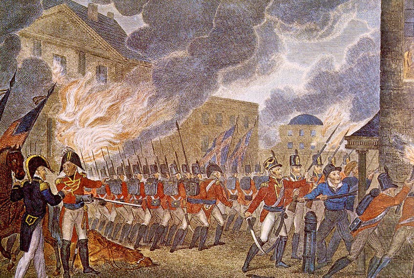 This illustration of the burning of Washington in 1814 is from the 1816 book, The History of England from the Earliest Periods, Volume 1, by Paul M. Rapin de Thoyras.