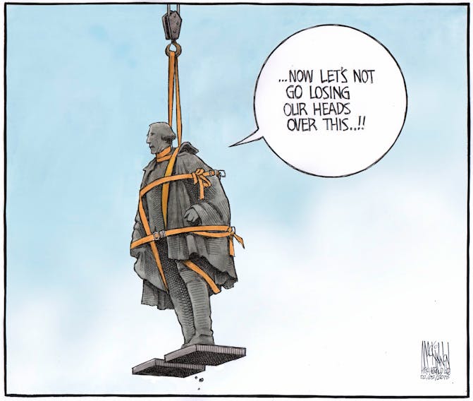 Bruce MacKinnon's Feb. 2, 2018 cartoon on the removal of Edward Cornwallis's statue in Halifax.