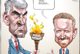 Bruce MacKinnon cartoon for Feb. 10, 2021. Stephen McNeil, Ian Rankin, passing of torch, OK Boomer