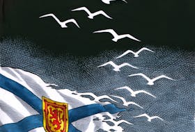Bruce MacKinnon cartoon for April 24, 2020. Tribute to Portapique shooting victims. Nova Scotia flag, doves. Ran as front page in print edition.