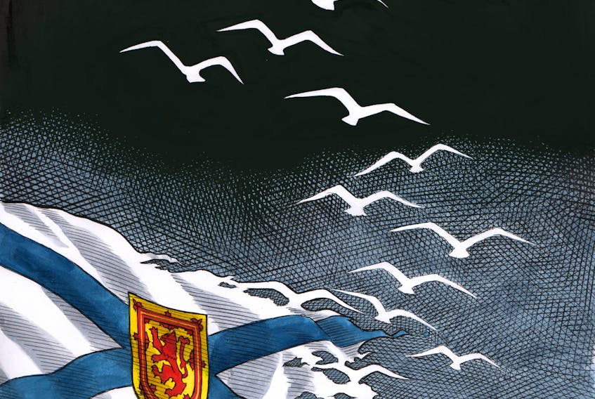 Bruce MacKinnon cartoon for April 24, 2020. Tribute to Portapique shooting victims. Nova Scotia flag, doves. Ran as front page in print edition.