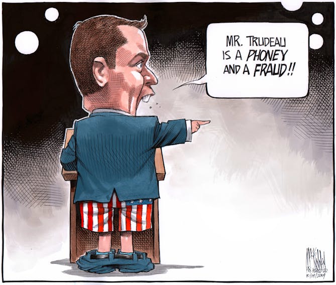 Bruce MacKinnon cartoon for Oct. 9, 2019. Andrew Scheer, with pants down, accuses Trudeau of being a fraud in federal leaders debate.
