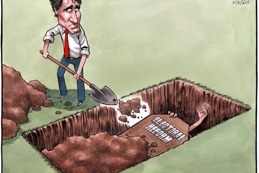 Bruce MacKinnon cartoon for Oct. 30, 2019. Electoral reform and Trudeau's failure to implement it.