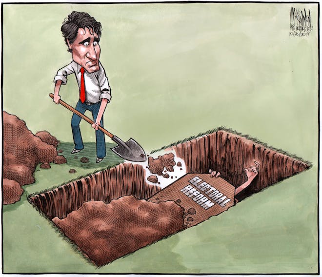 Bruce MacKinnon cartoon for Oct. 30, 2019. Electoral reform and Trudeau's failure to implement it.