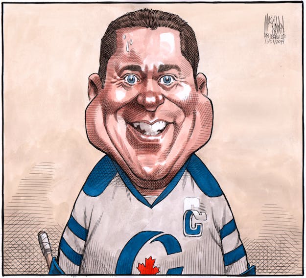 Bruce MacKinnon cartoon for Nov. 1, 2019. Andrew Scheer sweating over his leadership of the Conservative Party after stories that Peter MacKay wants the job.