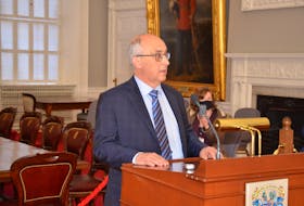 Gary Burrill, leader of the New Democratic Party in Nova Scotia, speaks to media in the red chamber at Province House on Thursday, March 4, 2021.