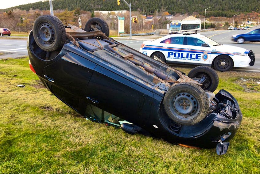 There were no injuries in a Saturday afternoon car rollover in St. John’s. Keith Gosse/The Telegram