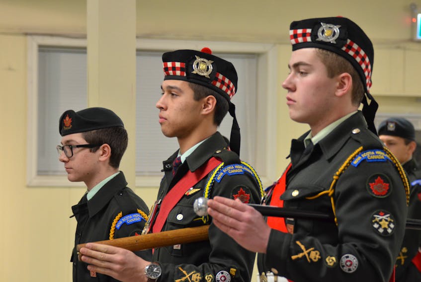 Army Cadets Jonathan Pyrovolos, 14, Aaron Day, 18, and Caleb Wilson, 17, received the Certificate of Commendation on Jan. 23, 2019 at the New Glasgow Legion for outstanding deeds in saving a dog that had fallen through the ice in March 2018.