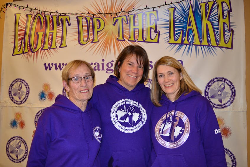 Teresa Doyle, a pancreatic cancer survivor, left, Stefanie Condon-Oldreive, founder and director of Craig’s Cause Pancreatic Cancer Society, and Rosemary Driscoll, who lost her partner, Dr. David Richardson, to pancreatic cancer, took part in the ‘Light Up the Lake’ event. MAUREEN COULTER