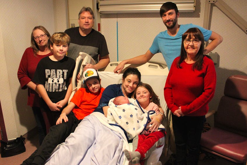 The Wrathall-Gilbert family welcomed the newest addition to their family, Nayjah Sidney George Wrathall, at 3:21 a.m. on Jan. 1 - making him the first baby born in Cape Breton for 2020 and the second one born in the province. Named after skateboarder Nyjah Huston and his two great-grandfathers on his father's side, Nayjah is healthy and weighs nine pounds, 12 ounces. Pictured here with Nyjah are: (front, from left) brother Colby Gilbert, brother Anthony Wrathall, mother Joan Gilbert, sister Bobbi Wrathall, great-grandmother Ellen Gottwald, (back from left) grandmother Marie Gilbert, grandfather D.J. Wrathall and father Derek Wrathall. Missing from photo, who was there in spirit, is grandmother Kelly Gottwald who lives in Prince Edward Island and couldn't make it to Cape Breton on New Year's Day.