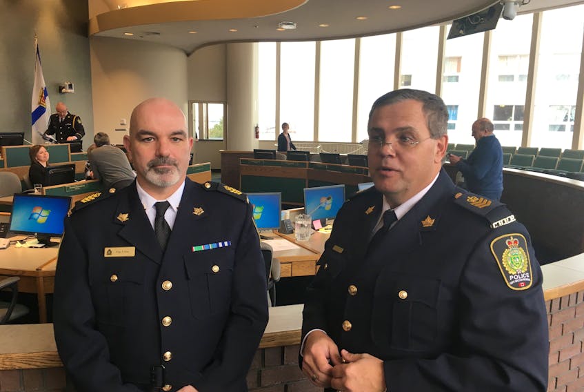 Staff-Sgt. Phillip Ross, left, and Staff-Sgt. Paul Muise are among those being promoted as the Cape Breton Regional Police Service transitions through a plethora of recent and pending retirements, including five members of the service’s senior management team. Both Ross and Muise are being promoted to the rank of inspector.