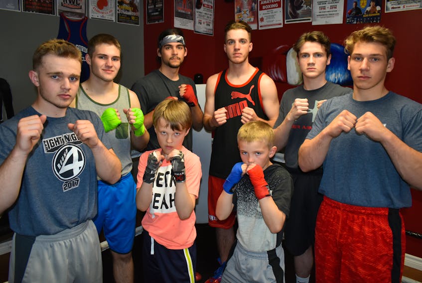 Shown are the Tri-Town Boxing Club athletes competing in the Fight Night: Round 5 event tonight at the Emera Centre Northside. In front from left are brothers Kaleb Jessome and Aidan Jessome of Georges River, Silas Bellows of East Bay and Mason MacKeigan of Florence. In back from left are Peter Jessome of North Sydney, Ryan Collier of Florence, Josh Prince of Georges River and Matt MacDonald of Sydney Mines.