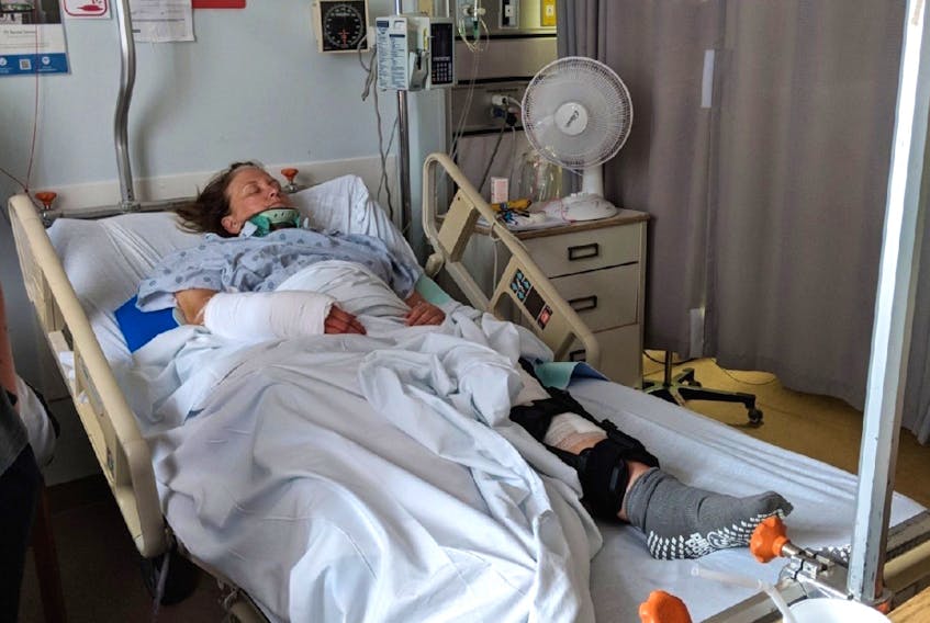 Michele Oliver, 56, of Reserve Mines, is shown recovering in the Halifax Infirmary at the QE11 hospital in Halifax from multiple fractures throughout her body, a punctured lung and a concussion with bleeding on the brain following a recent two-vehicle accident in Reserve Mines. Family have been by her side since the accident and a Gofundme campaign has been started to assist during her long road to recovery.