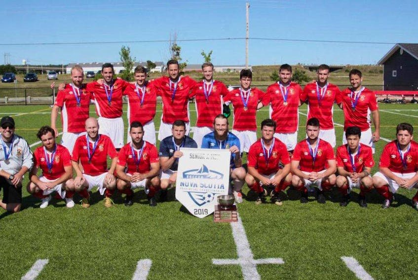 Cape Breton United captured the Nova Scotia senior men's 'A' division provincial soccer title on Aug. 25, defeating Valley 3-0 in the championship game at Open Hearth Park in Sydney. The team posted a 3-0-1 record during the two-day event. Members of the team are shown with the championship banner. Front row, from left, Kiel MacGibbon (coach), Brad Patterson, Peter Xidos, Richard Risk, Ethan MacInnis, Brandon Senneck, Jared MacInnis, Ryan MacLean, Jesse Beaton and Coady Ferguson. Back row, from left, Jeremy Stylen, Jeris Abbass, David Hooper, Yanni Harbis, Wyatt Scheller, Josh MacKay, Brandon Caydle, Jesse MacIntyre and Scott MacKenzie.