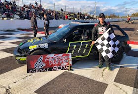 Kody Quinn of Sydney captured three feature race victories at the Sydney Speedway on Sunday. Quinn won both the twin features for the mini stock division and also took home the first of two Colbourne Auto Group Legend features. PHOTO SUBMITTED/SYDNEY SPEEDWAY