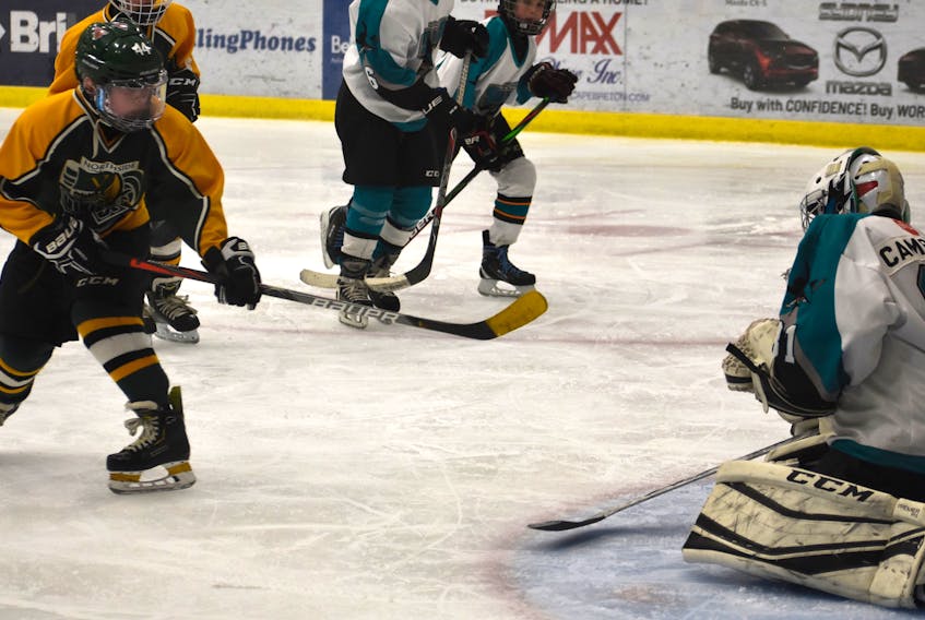 Nole Murray of the Northside Vikings, left, fires a backhand shot on New Waterford Sharks goaltender Lucas Campbell during Cape Breton Peewee 'B' Hockey League Cape Breton Cup action at the Membertou Sport and Wellness Centre. Campbell was successful in stopping Murray's shot. The teams played to a 4-4 tie.