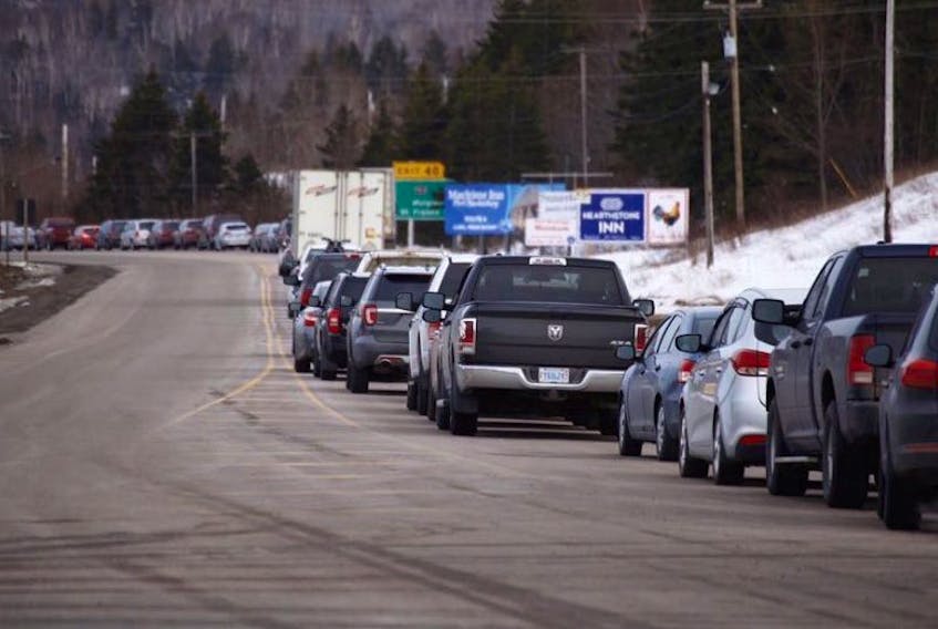 Pictured is the line of cars on the mainland side of the Canso Causeway. The section of Highway 104 between Aulds Cove and Cape Breton was closed for several hours because of a fatal accident. Traffic was reopened to one lane on the Canso Causeway at 8:30 p.m. on Saturday.