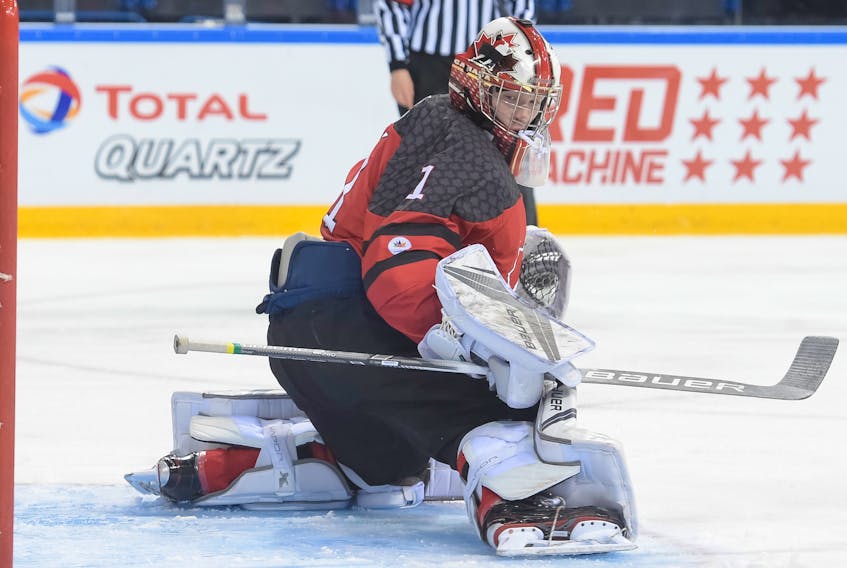 Team Canada's Colten Ellis of River Denys looks on after making a pad save during preliminary round action at the 2018 IIHF U18 World Championship in Magnitogorsk, Russia, on April 20.