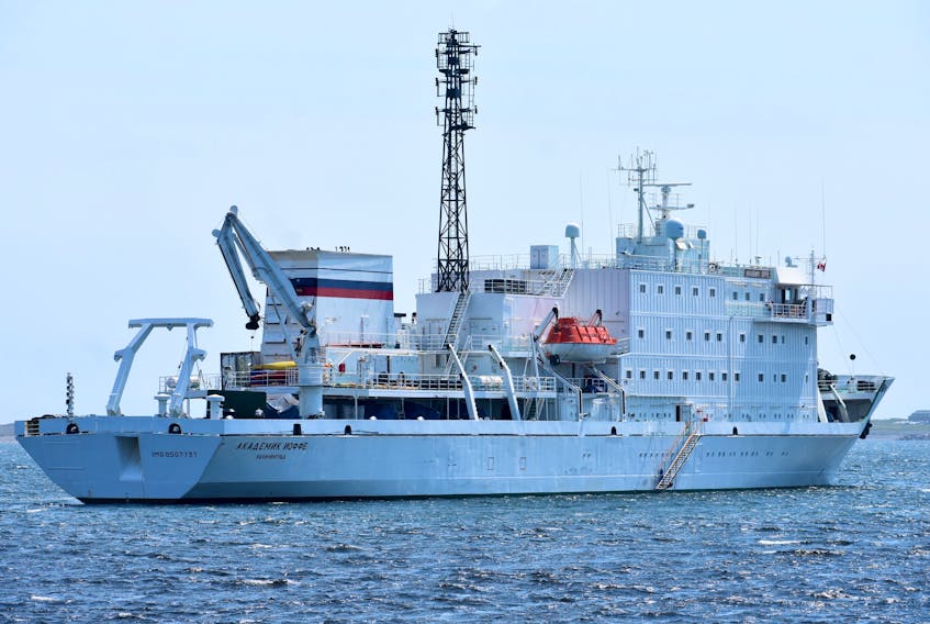 The Akademik Ioffe, shown here earlier this week in Louisbourg Harbour, is a former Soviet oceanographic research vessel that now serves a One Ocean Expeditions adventure cruise ship. The 117-metre, heavy hulled ship is presently plying the waters off Canada’s east coast as it takes its guests to some of the more remote places in the Maritimes.