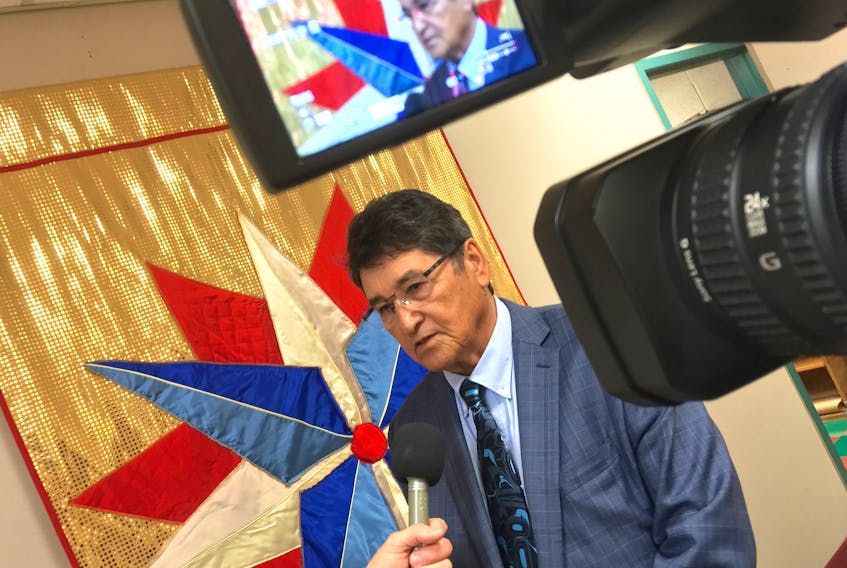 Former national chief of the Assembly of First Nations, Ovide Mercredi, speaks to reporters following an education address at Cape Breton University’s Boardmore Theatre, Thursday.