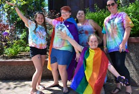 Among the large gathering of supporters who attended Friday's kickoff of Pride Week in Cape Breton were, from left, Ava Campbell, Taylor Haley, Michelle Miller, Nicole Miller and Margaret Laviolette, back. Events continue all week. - Cape Breton Post
