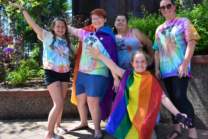 Among the large gathering of supporters who attended Friday's kickoff of Pride Week in Cape Breton were, from left, Ava Campbell, Taylor Haley, Michelle Miller, Nicole Miller and Margaret Laviolette, back. Events continue all week. - Cape Breton Post