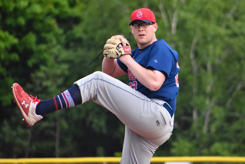 Reilly O’Rourke of the Sydney Sooners, shown in this file photo, pitched a complete game in his team’s 2-0 win over the Kentville Wildcats on Sunday at Memorial Park in Kentville.